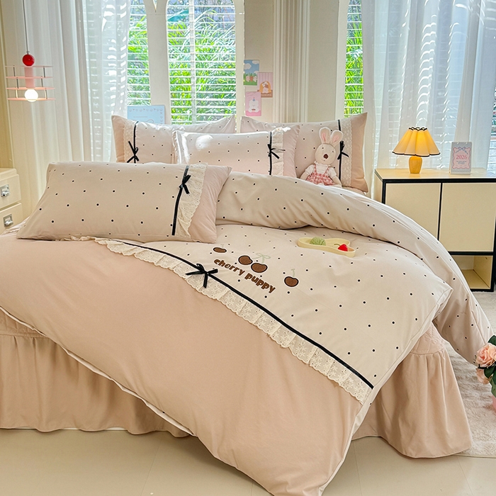 91家纺网 家纺一手货源 找家纺 漫布云家纺 2026新款春夏古法水洗棉床盖款四件套-波点系列 波点-奶咖