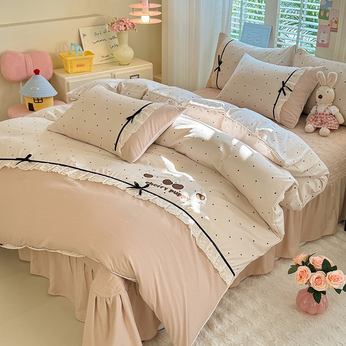 91家纺网 家纺一手货源 找家纺 漫布云家纺 2026新款春夏古法水洗棉床盖款四件套-波点系列 波点-奶咖