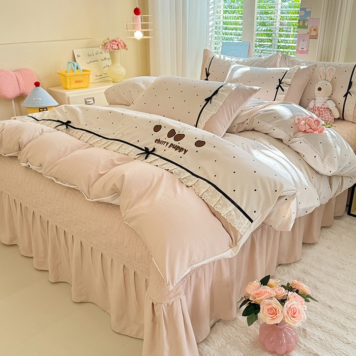 91家纺网 家纺一手货源 找家纺 漫布云家纺 2026新款春夏古法水洗棉床盖款四件套-波点系列 波点-奶咖