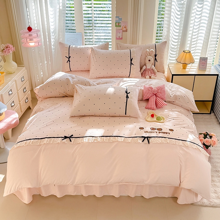 91家纺网 家纺一手货源 找家纺 漫布云家纺 2026新款春夏古法水洗棉床盖款四件套-波点系列 波点-香雪粉