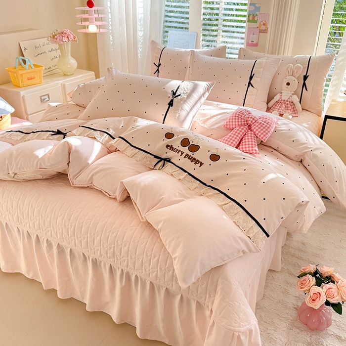 91家纺网 家纺一手货源 找家纺 漫布云家纺 2026新款春夏古法水洗棉床盖款四件套-波点系列 波点-香雪粉