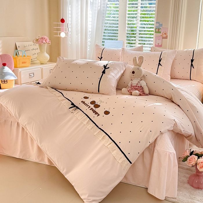 91家纺网 家纺一手货源 找家纺 漫布云家纺 2026新款春夏古法水洗棉床盖款四件套-波点系列 波点-香雪粉