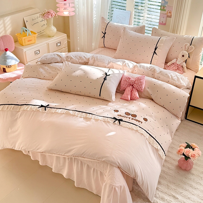 91家纺网 家纺一手货源 找家纺 漫布云家纺 2026新款春夏古法水洗棉床盖款四件套-波点系列 波点-香雪粉