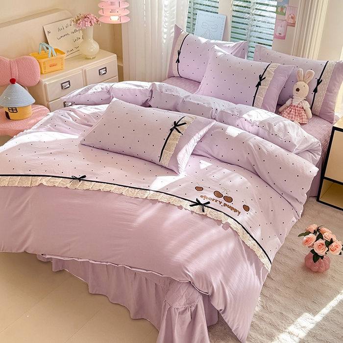 91家纺网 家纺一手货源 找家纺 漫布云家纺 2026新款春夏古法水洗棉床盖款四件套-波点系列 波点-星云紫