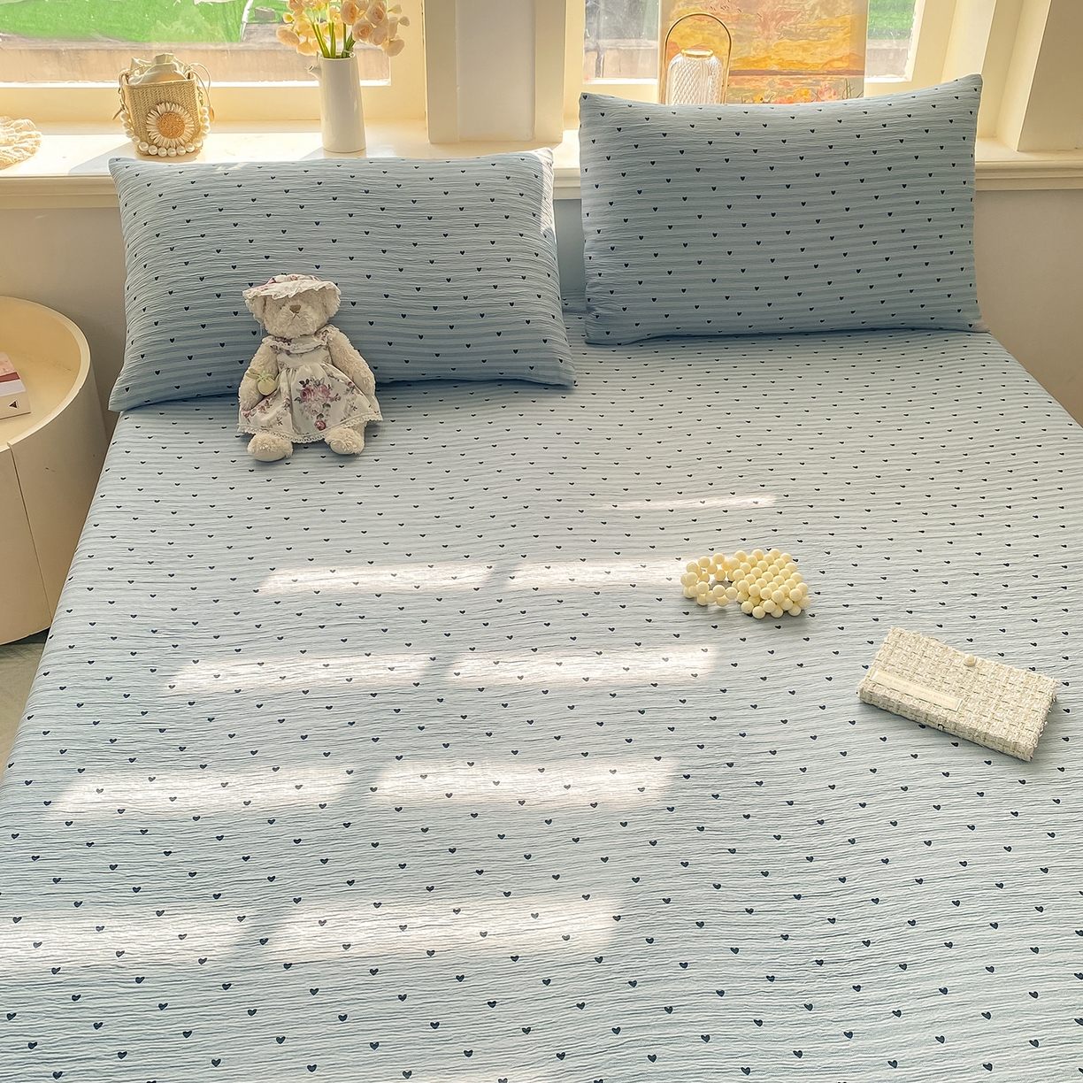 91家纺网 家纺一手货源 找家纺 眠势力 2026新款皱皱三层纱床笠三件套云朵床罩单件床垫保护套四季款 爱心雨【三层皱皱纱床笠】