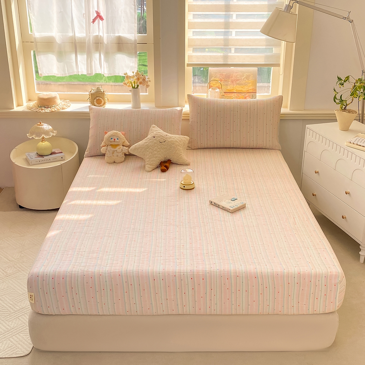 91家纺网 家纺一手货源 找家纺 眠势力 2026新款皱皱三层纱床笠三件套云朵床罩单件床垫保护套四季款 彩色天空【三层皱皱纱床笠】