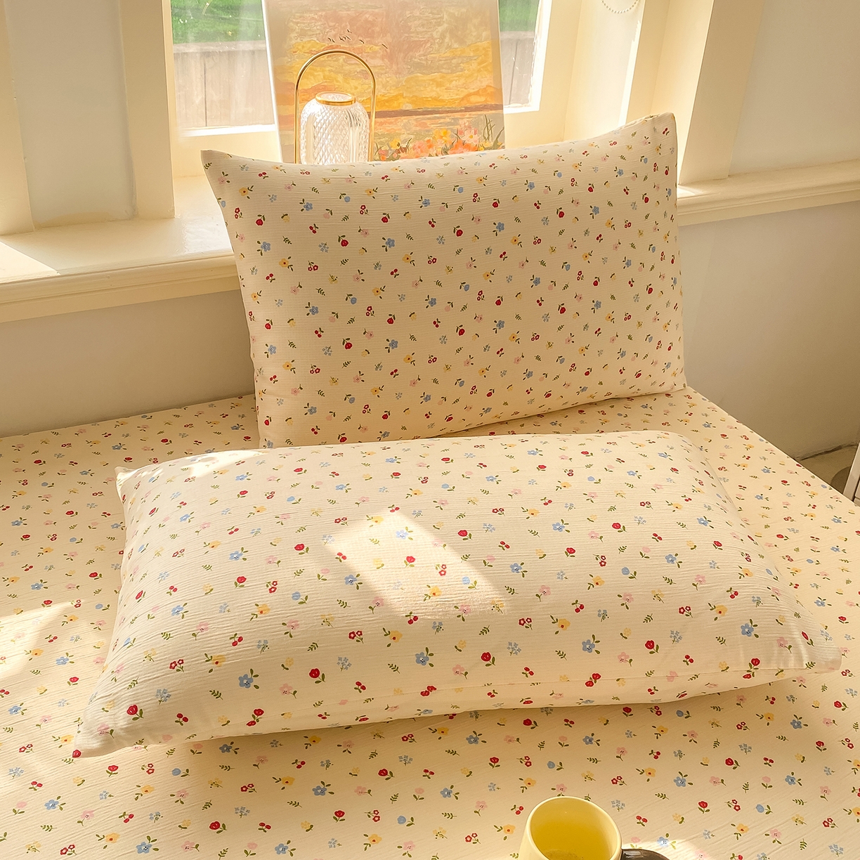 91家纺网 家纺一手货源 找家纺 眠势力 2026新款皱皱三层纱床笠三件套云朵床罩单件床垫保护套四季款 点点小花【三层皱皱纱床笠】