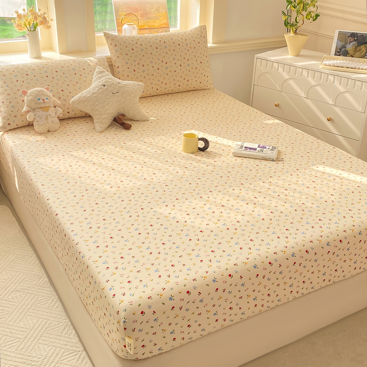 91家纺网 家纺一手货源 找家纺 眠势力 2026新款皱皱三层纱床笠三件套云朵床罩单件床垫保护套四季款 点点小花【三层皱皱纱床笠】