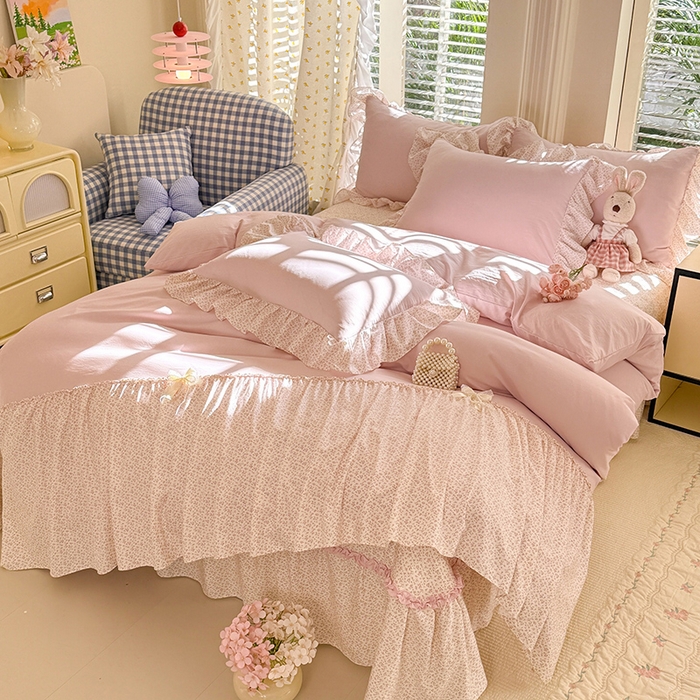 91家纺网 家纺一手货源 找家纺 漫布云家纺 2026新款春夏超柔云朵棉床盖款四件套-艾洛花园系列 艾洛花园-童话粉