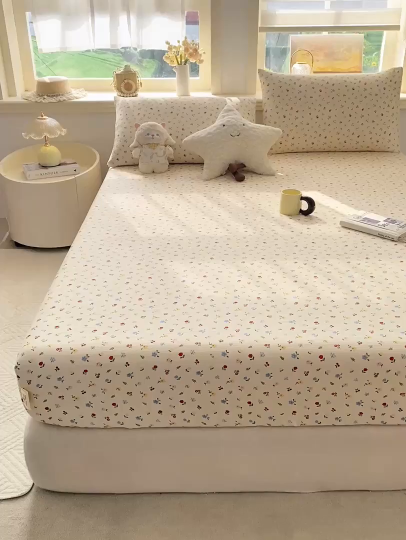 91家纺网 家纺一手货源 找家纺 眠势力 2026新款皱皱三层纱床笠三件套云朵床罩单件床垫保护套四季款 点点小花【三层皱皱纱床笠】