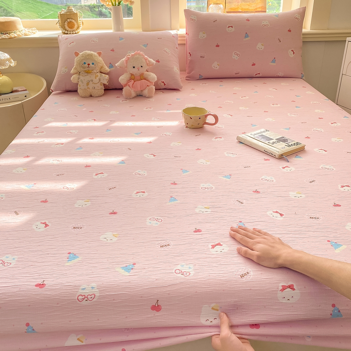 91家纺网 家纺一手货源 找家纺 眠势力 2026新款皱皱三层纱床笠三件套云朵床罩单件床垫保护套四季款 米菲小兔【三层皱皱纱床笠】