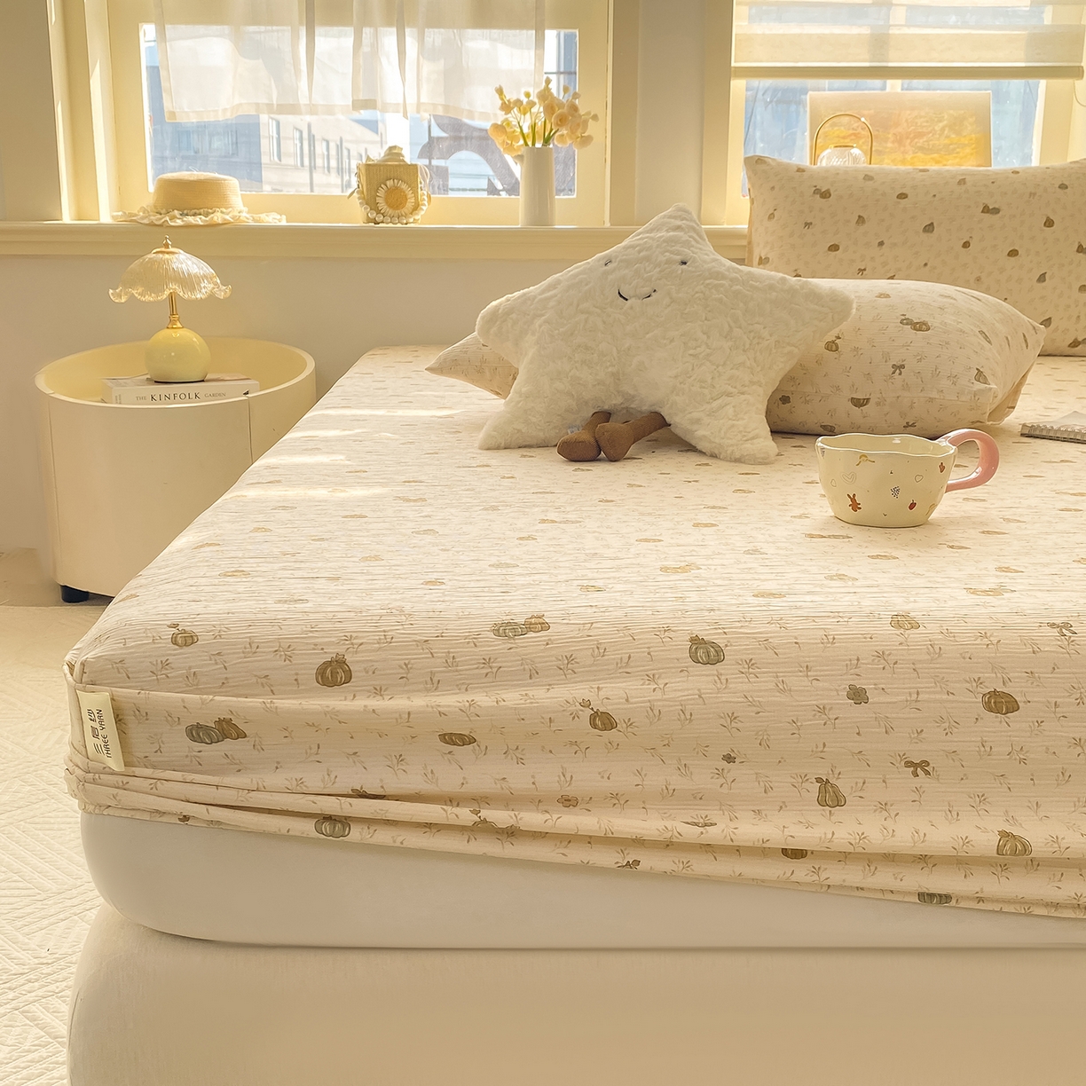 91家纺网 家纺一手货源 找家纺 眠势力 2026新款皱皱三层纱床笠三件套云朵床罩单件床垫保护套四季款 南瓜派【三层皱皱纱床笠】