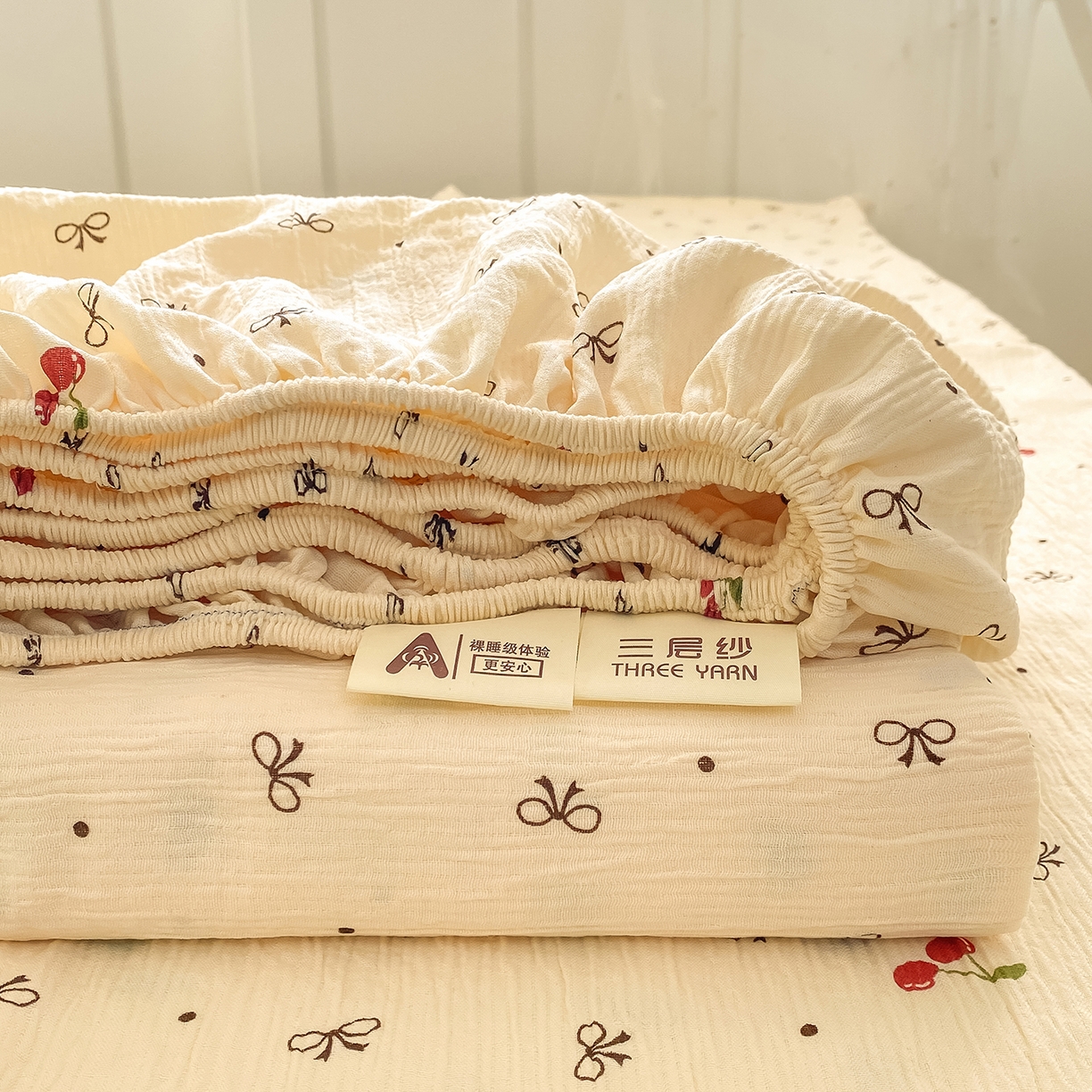 眠势力 2026新款皱皱三层纱床笠三件套云朵床罩单件床垫保护套四季款 樱桃蝴蝶结【三层皱皱纱床笠】
