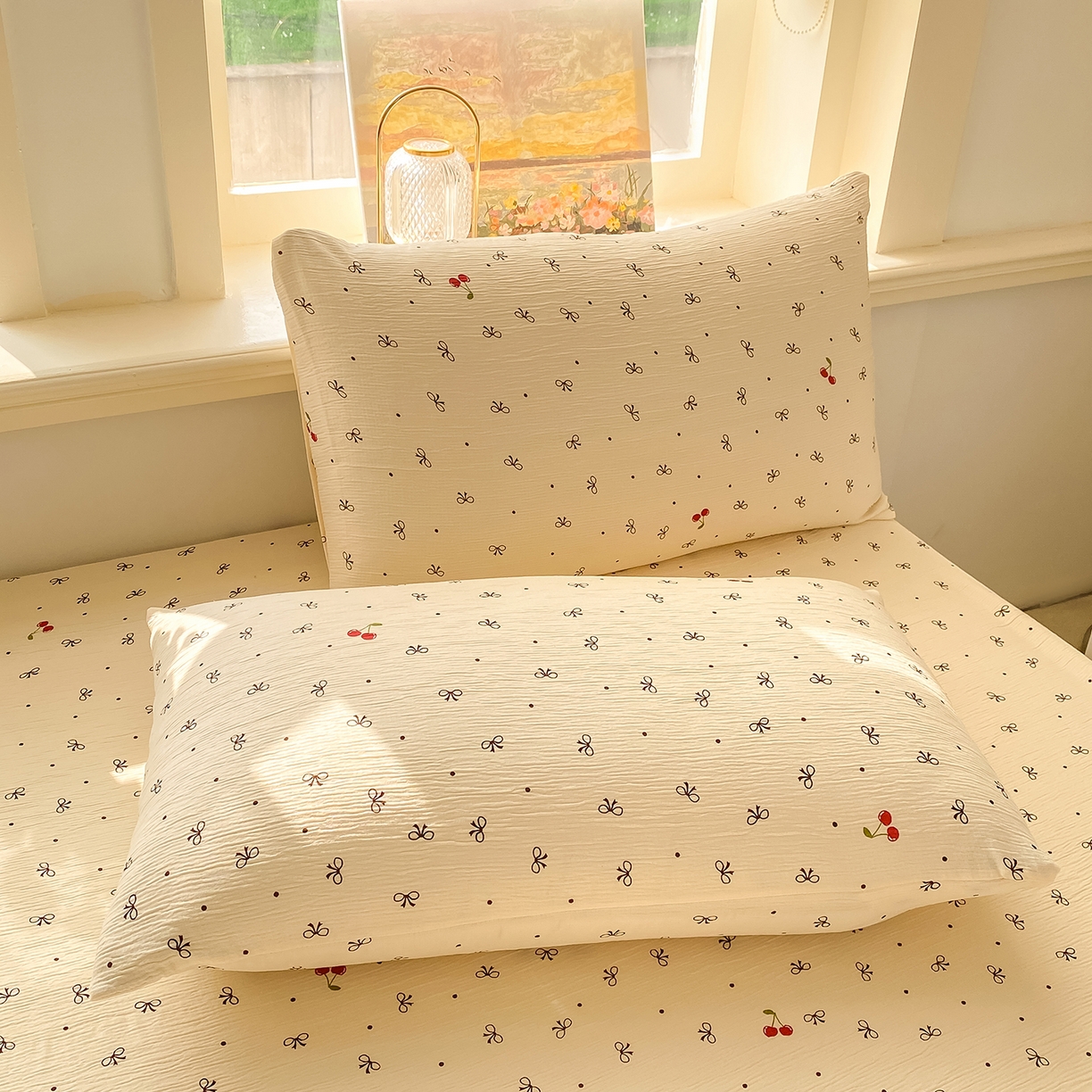 91家纺网 家纺一手货源 找家纺 眠势力 2026新款皱皱三层纱床笠三件套云朵床罩单件床垫保护套四季款 樱桃蝴蝶结【三层皱皱纱床笠】