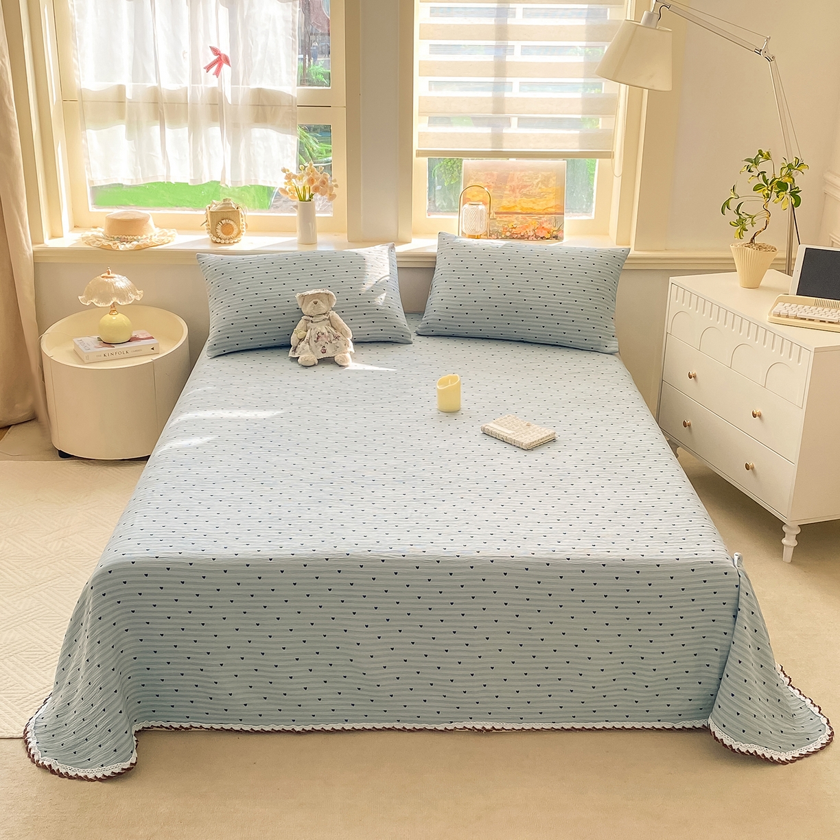 91家纺网 家纺一手货源 找家纺 眠势力 2026新款皱皱三层纱床单三件套云朵学生宿舍床单花边款四季通用 爱心雨【三层皱皱纱花边床单】