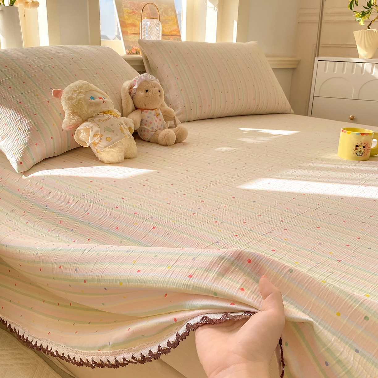 91家纺网 家纺一手货源 找家纺 眠势力 2026新款皱皱三层纱床单三件套云朵学生宿舍床单花边款四季通用 彩色天空【三层皱皱纱花边床单】