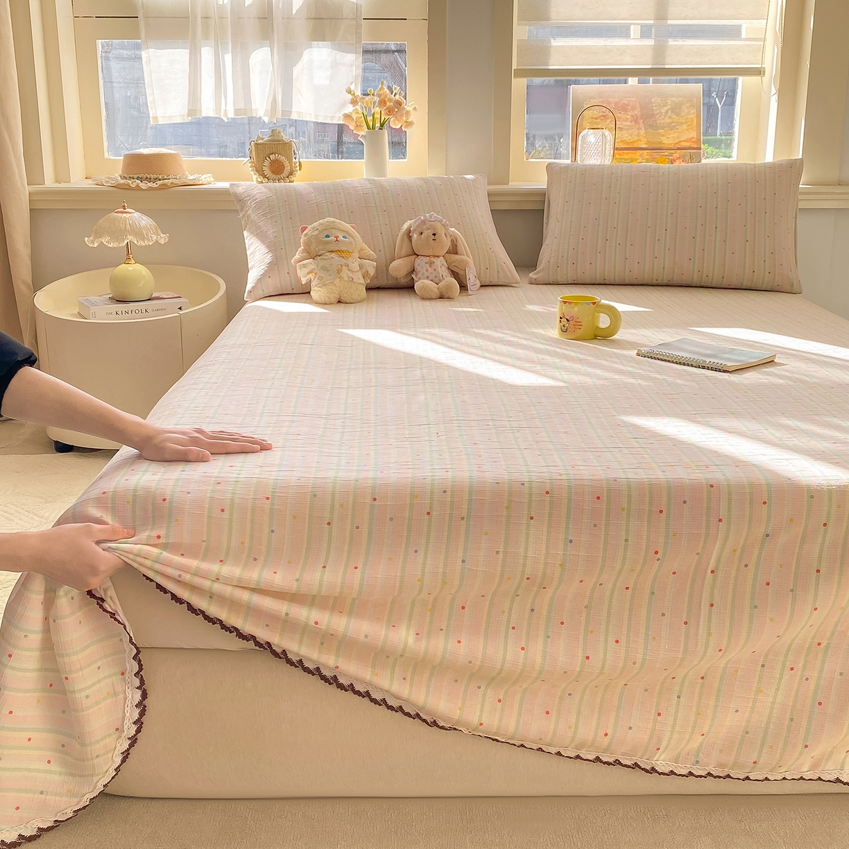 91家纺网 家纺一手货源 找家纺 眠势力 2026新款皱皱三层纱床单三件套云朵学生宿舍床单花边款四季通用 彩色天空【三层皱皱纱花边床单】