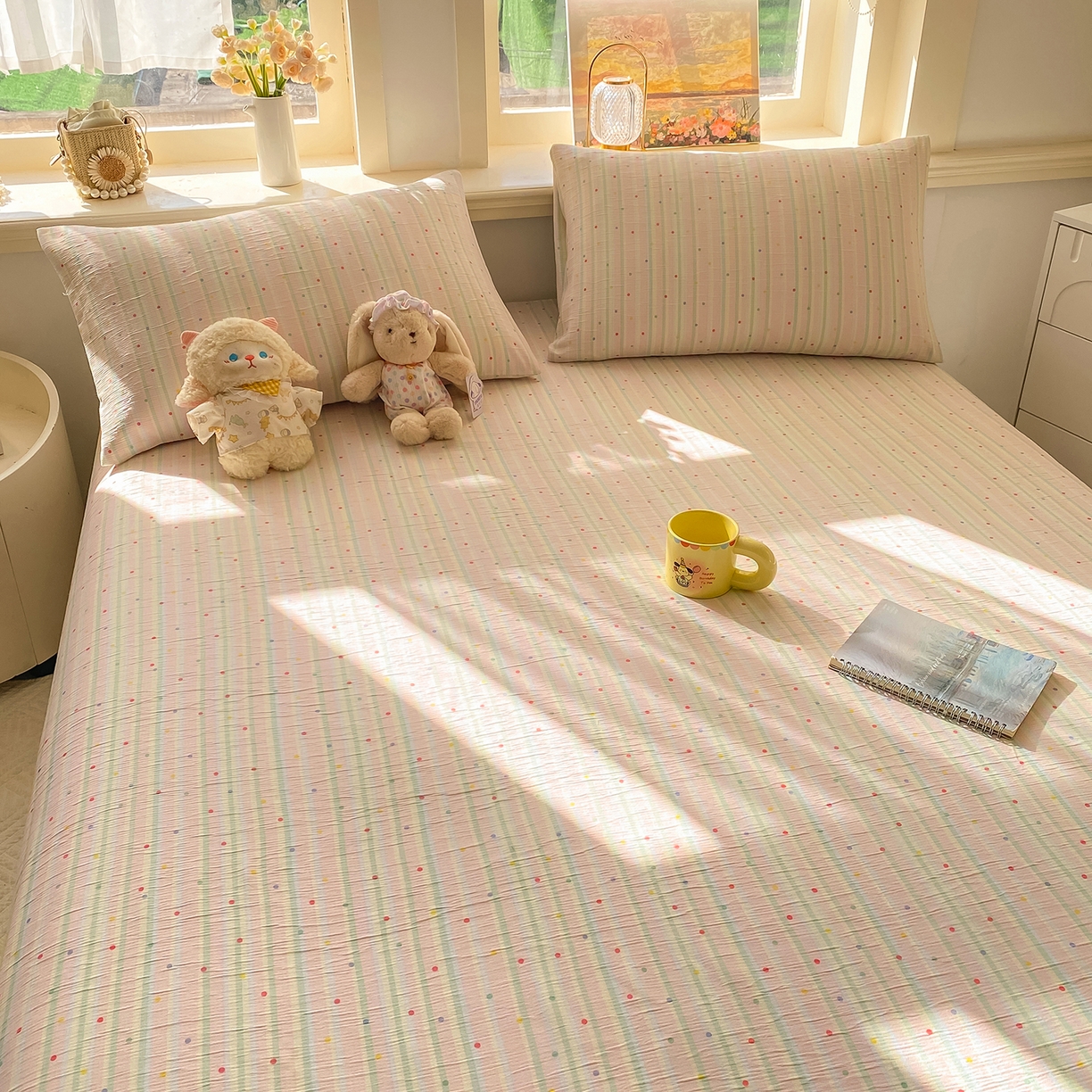 91家纺网 家纺一手货源 找家纺 眠势力 2026新款皱皱三层纱床单三件套云朵学生宿舍床单花边款四季通用 彩色天空【三层皱皱纱花边床单】