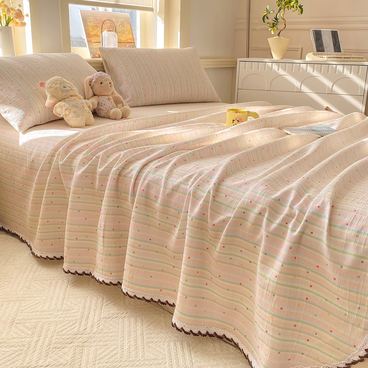 91家纺网 家纺一手货源 找家纺 眠势力 2026新款皱皱三层纱床单三件套云朵学生宿舍床单花边款四季通用 彩色天空【三层皱皱纱花边床单】