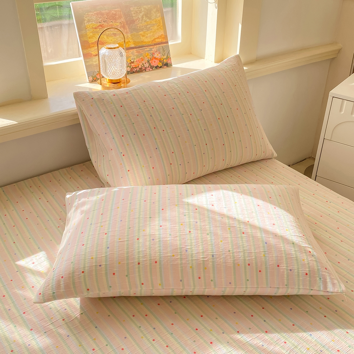 91家纺网 家纺一手货源 找家纺 眠势力 2026新款皱皱三层纱床单三件套云朵学生宿舍床单花边款四季通用 彩色天空【三层皱皱纱花边床单】