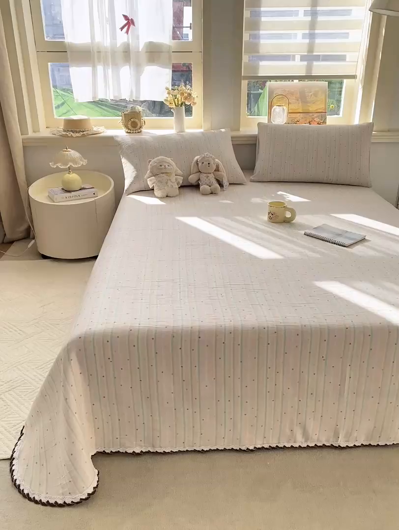 91家纺网 家纺一手货源 找家纺 眠势力 2026新款皱皱三层纱床单三件套云朵学生宿舍床单花边款四季通用 彩色天空【三层皱皱纱花边床单】