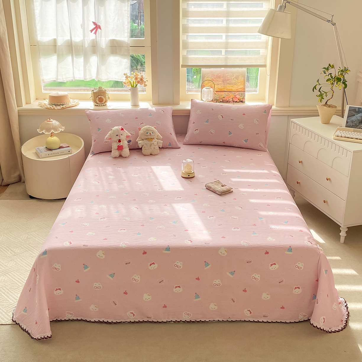 91家纺网 家纺一手货源 找家纺 眠势力 2026新款皱皱三层纱床单三件套云朵学生宿舍床单花边款四季通用 米菲小兔【三层皱皱纱花边床单】