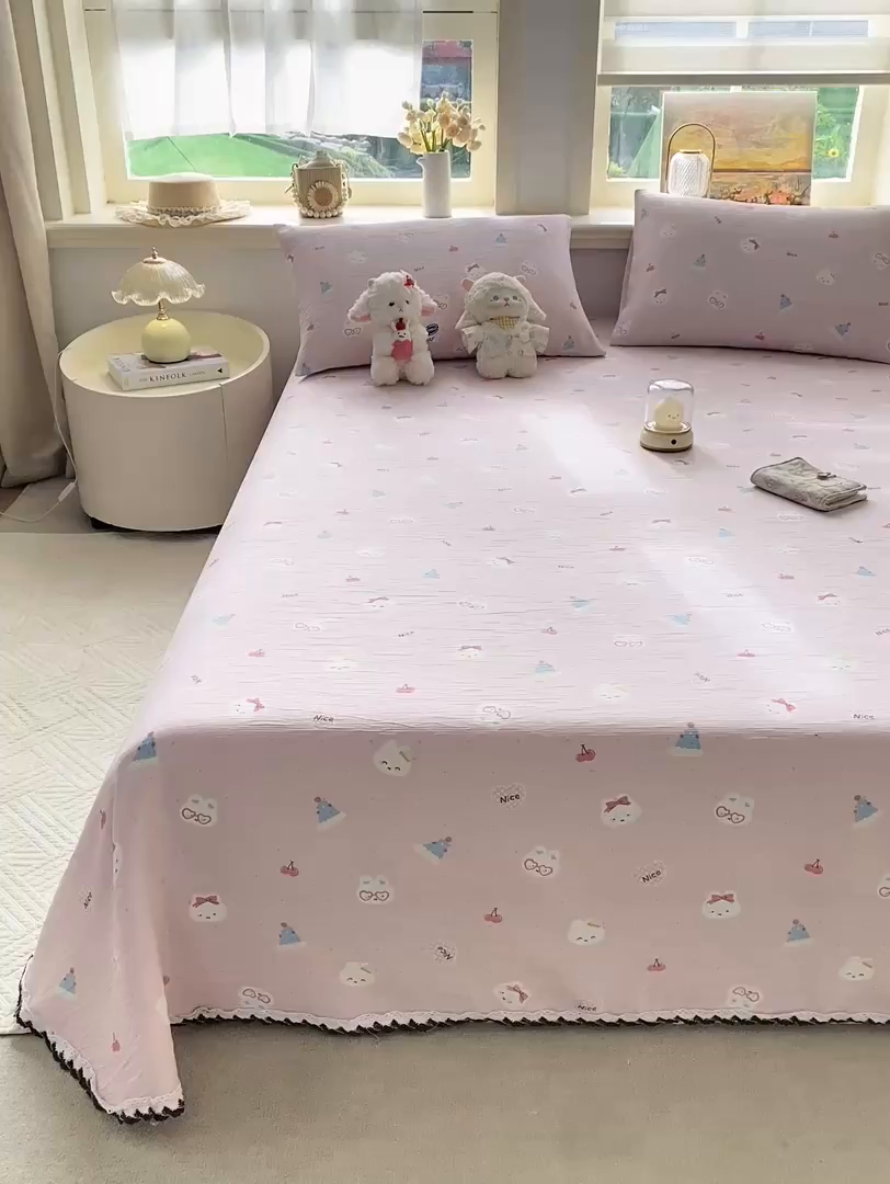 91家纺网 家纺一手货源 找家纺 眠势力 2026新款皱皱三层纱床单三件套云朵学生宿舍床单花边款四季通用 米菲小兔【三层皱皱纱花边床单】