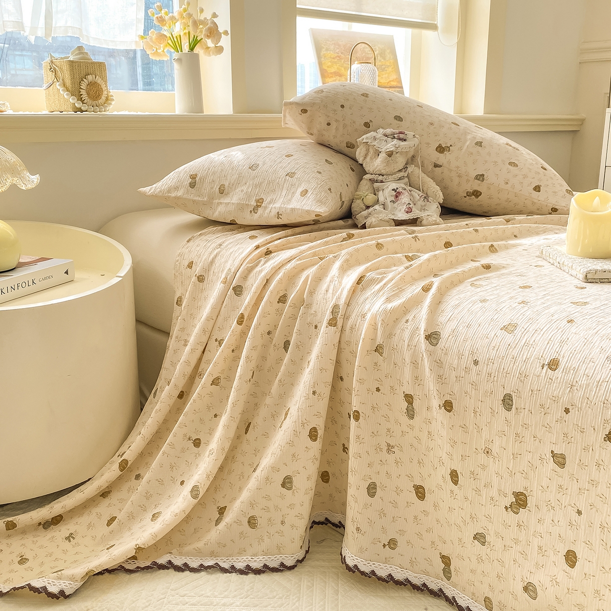 91家纺网 家纺一手货源 找家纺 眠势力 2026新款皱皱三层纱床单三件套云朵学生宿舍床单花边款四季通用 南瓜派【三层皱皱纱花边床单】