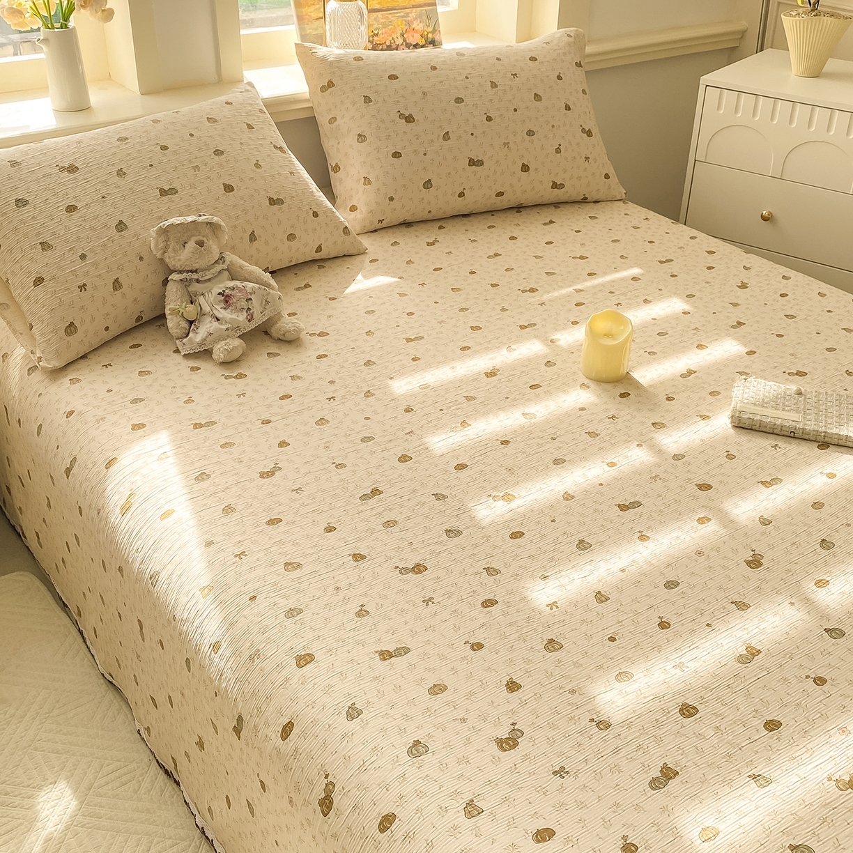 91家纺网 家纺一手货源 找家纺 眠势力 2026新款皱皱三层纱床单三件套云朵学生宿舍床单花边款四季通用 南瓜派【三层皱皱纱花边床单】