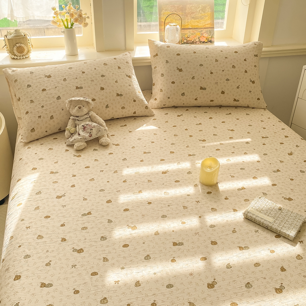 91家纺网 家纺一手货源 找家纺 眠势力 2026新款皱皱三层纱床单三件套云朵学生宿舍床单花边款四季通用 南瓜派【三层皱皱纱花边床单】