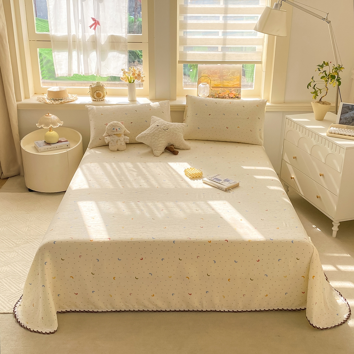 91家纺网 家纺一手货源 找家纺 眠势力 2026新款皱皱三层纱床单三件套云朵学生宿舍床单花边款四季通用 星星月亮【三层皱皱纱花边床单】