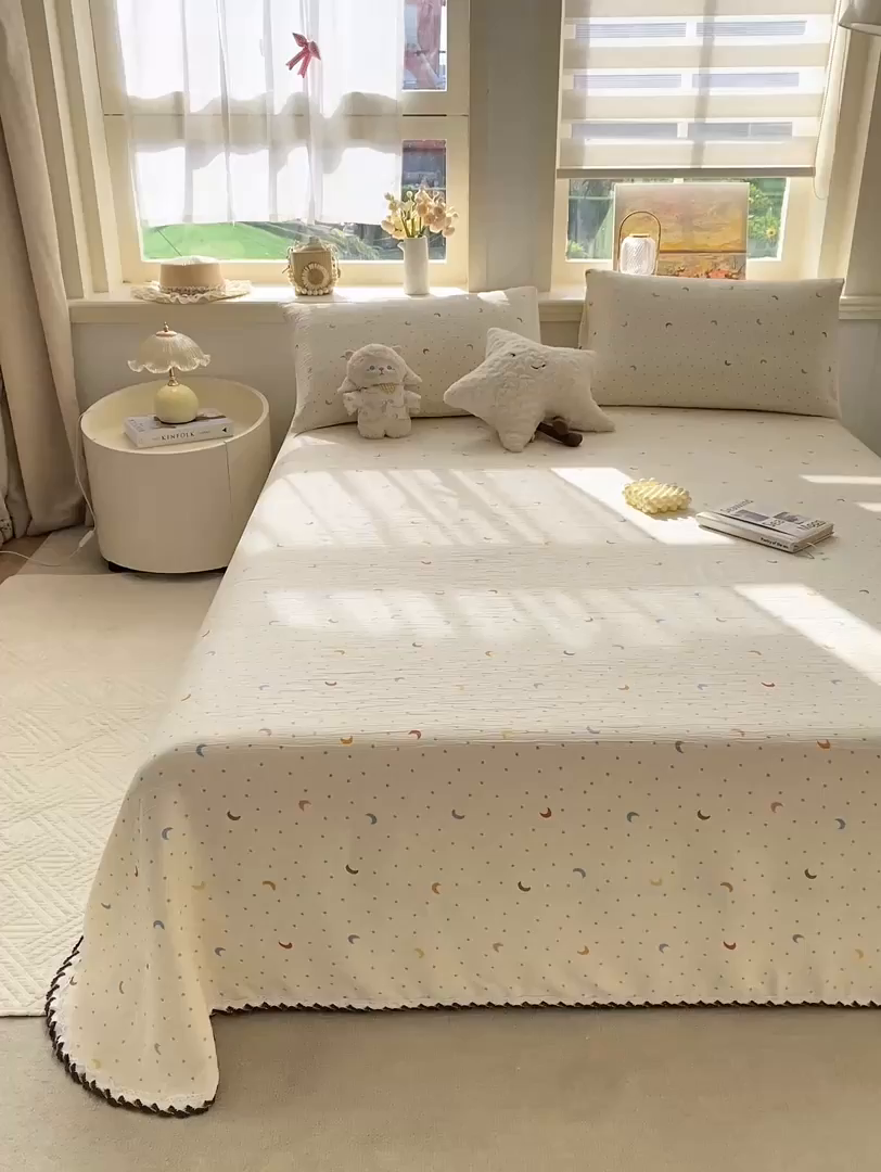 91家纺网 家纺一手货源 找家纺 眠势力 2026新款皱皱三层纱床单三件套云朵学生宿舍床单花边款四季通用 星星月亮【三层皱皱纱花边床单】