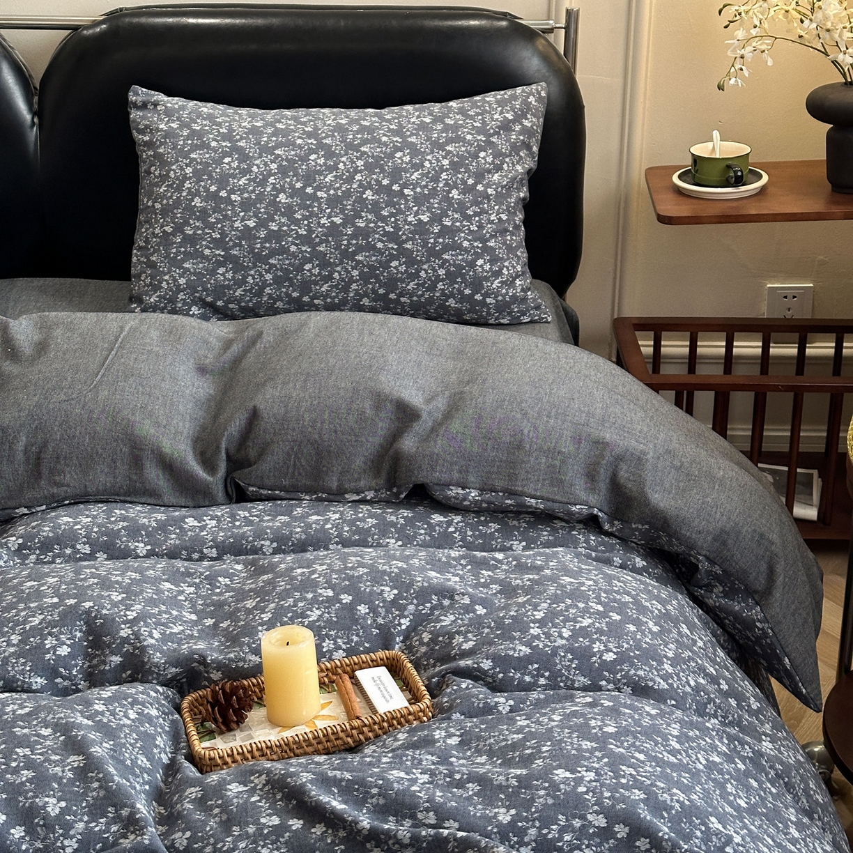 91家纺网 家纺一手货源 找家纺 米菲 2026新款全棉色织提花四件套 蜜语-牛仔蓝