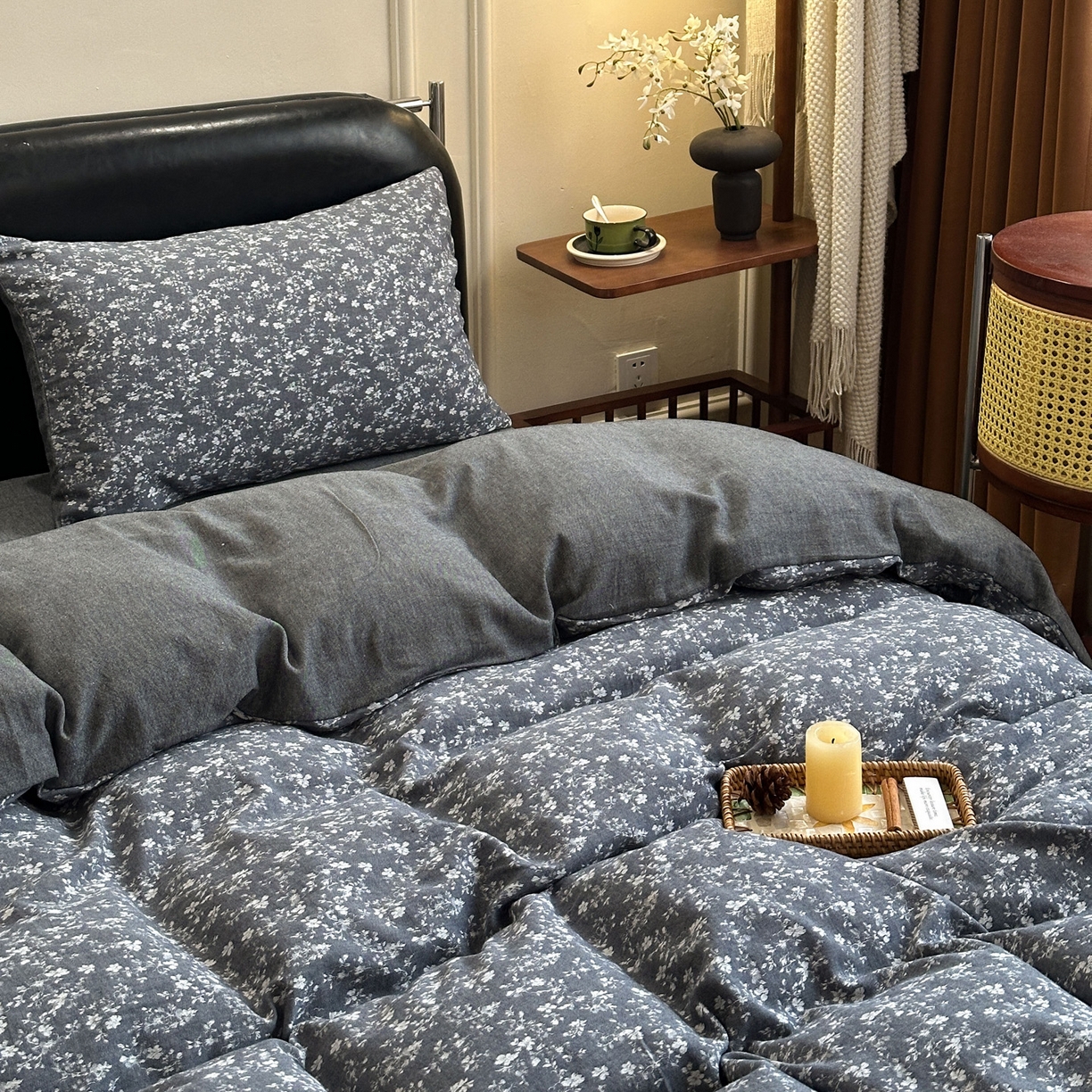 91家纺网 家纺一手货源 找家纺 米菲 2026新款全棉色织提花四件套 蜜语-牛仔蓝