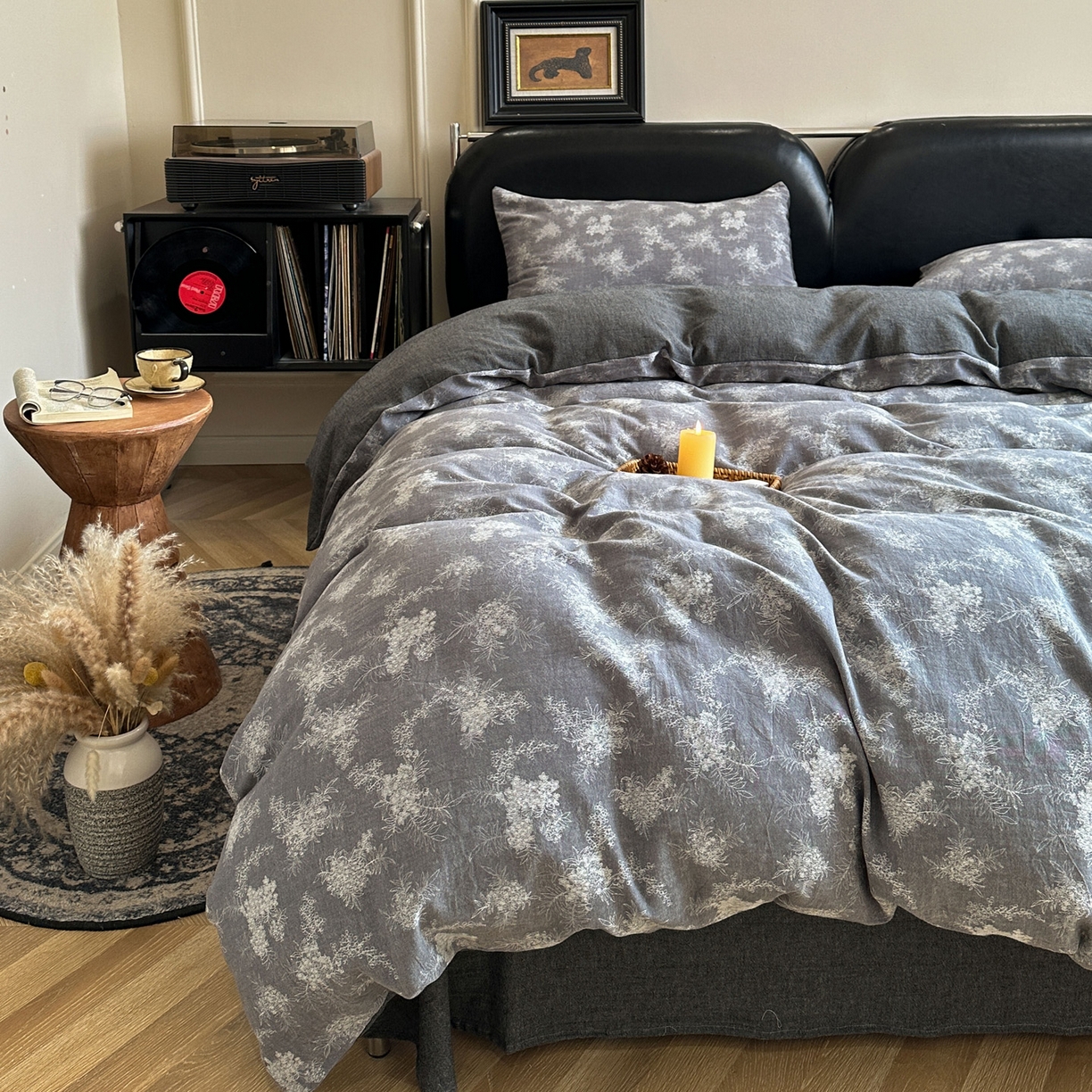 91家纺网 家纺一手货源 找家纺 米菲 2026新款全棉色织提花四件套 叶伴-浅灰