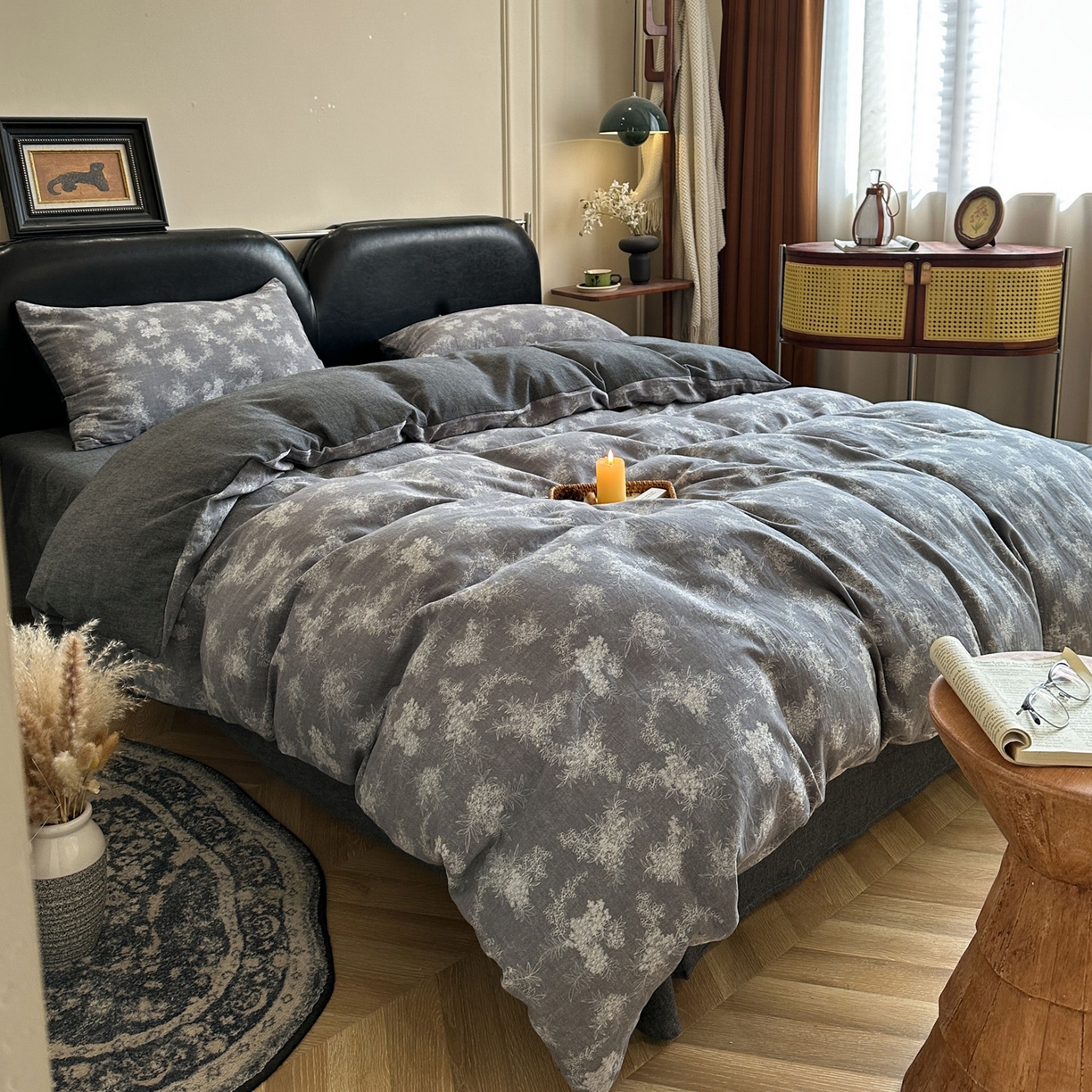 91家纺网 家纺一手货源 找家纺 米菲 2026新款全棉色织提花四件套 叶伴-浅灰