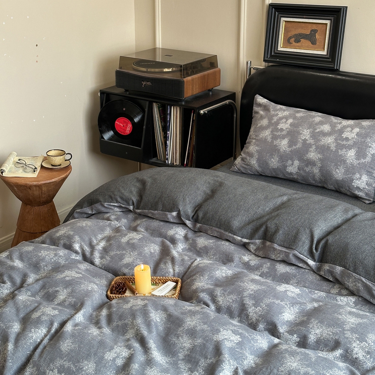 91家纺网 家纺一手货源 找家纺 米菲 2026新款全棉色织提花四件套 叶伴-浅灰