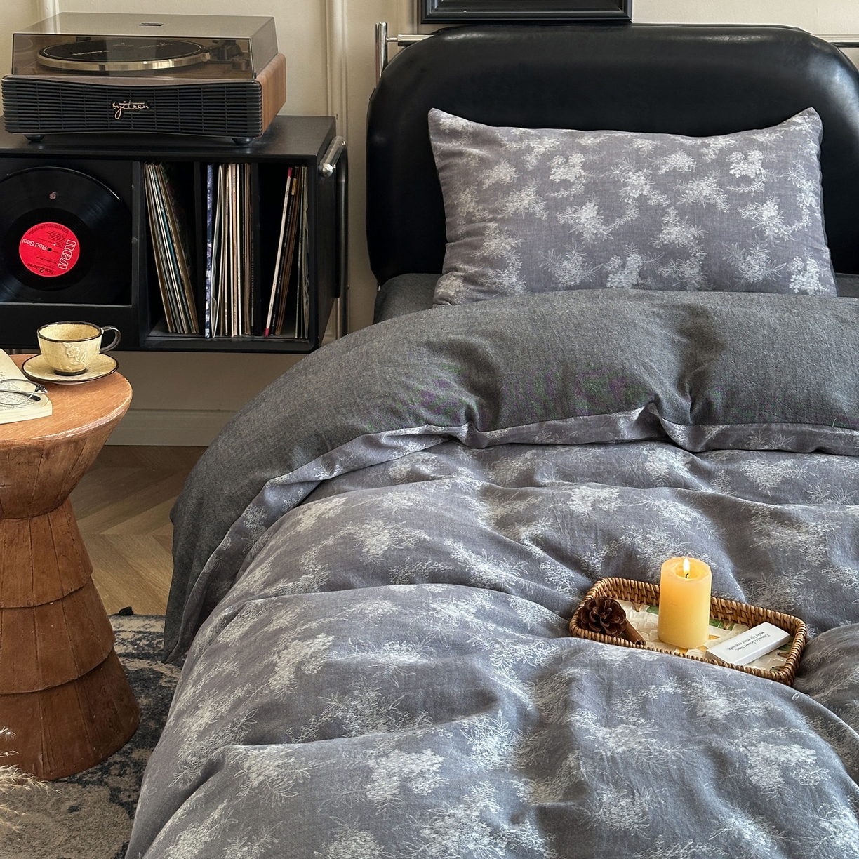 91家纺网 家纺一手货源 找家纺 米菲 2026新款全棉色织提花四件套 叶伴-浅灰