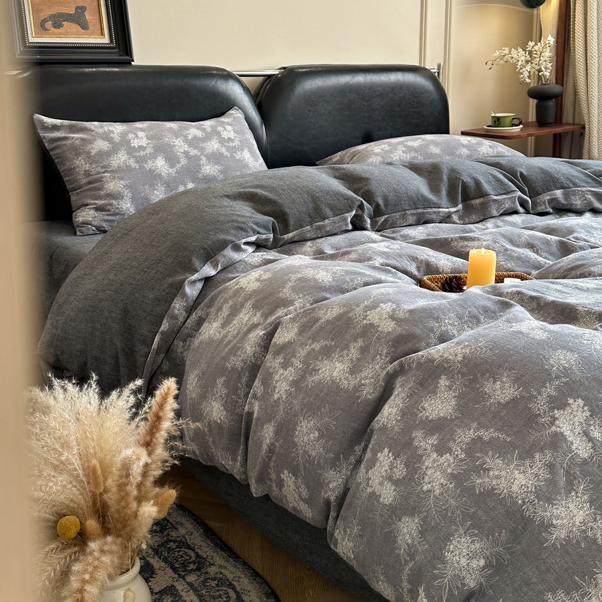 91家纺网 家纺一手货源 找家纺 米菲 2026新款全棉色织提花四件套 叶伴-浅灰