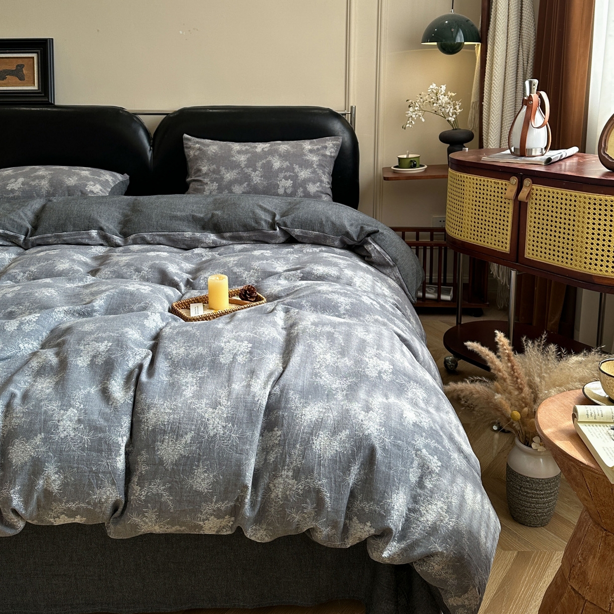 91家纺网 家纺一手货源 找家纺 米菲 2026新款全棉色织提花四件套 叶伴-浅灰