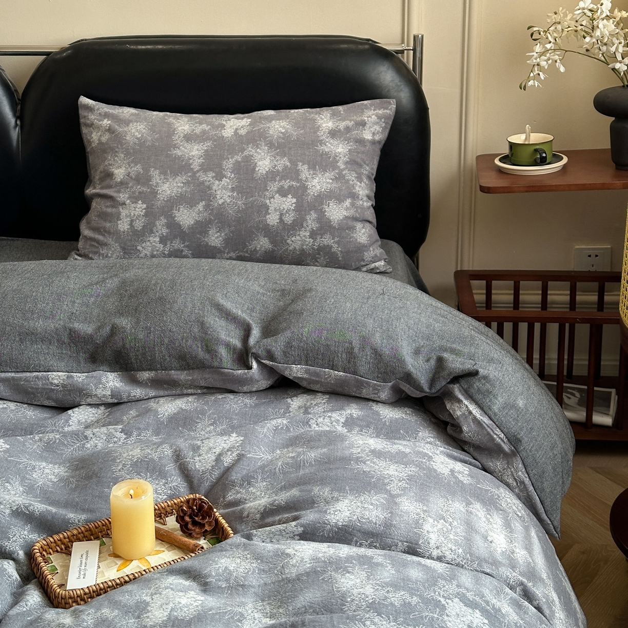 91家纺网 家纺一手货源 找家纺 米菲 2026新款全棉色织提花四件套 叶伴-浅灰