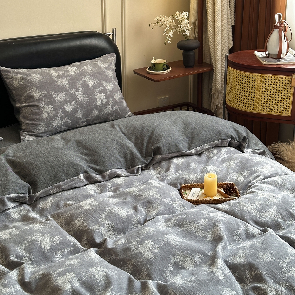 91家纺网 家纺一手货源 找家纺 米菲 2026新款全棉色织提花四件套 叶伴-浅灰