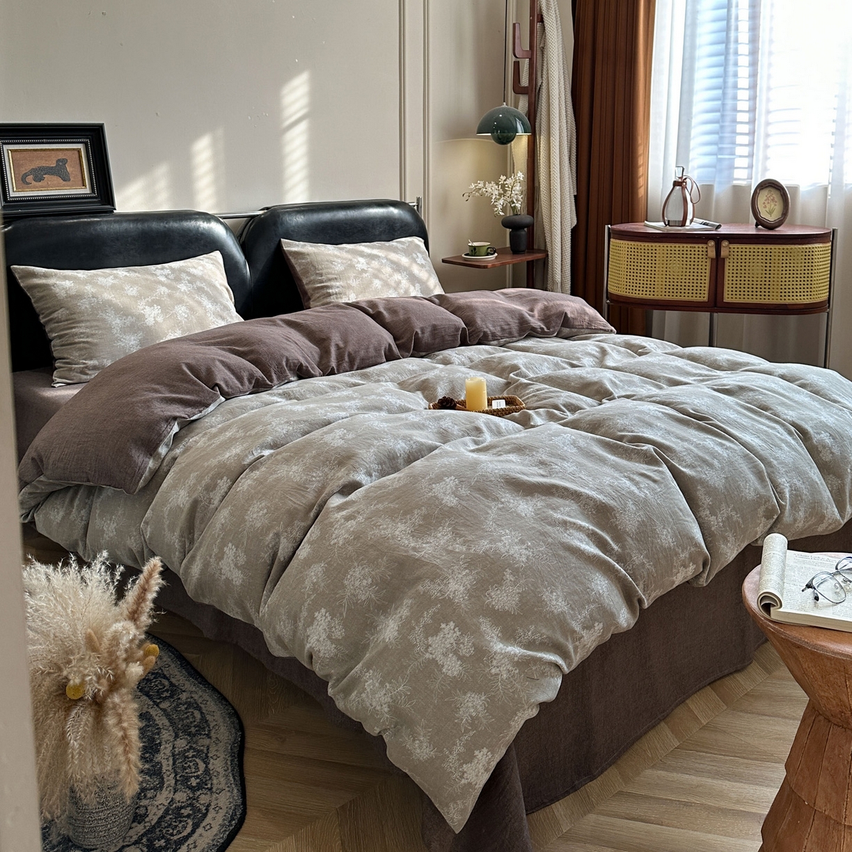 91家纺网 家纺一手货源 找家纺 米菲 2026新款全棉色织提花四件套 叶伴-浅绿