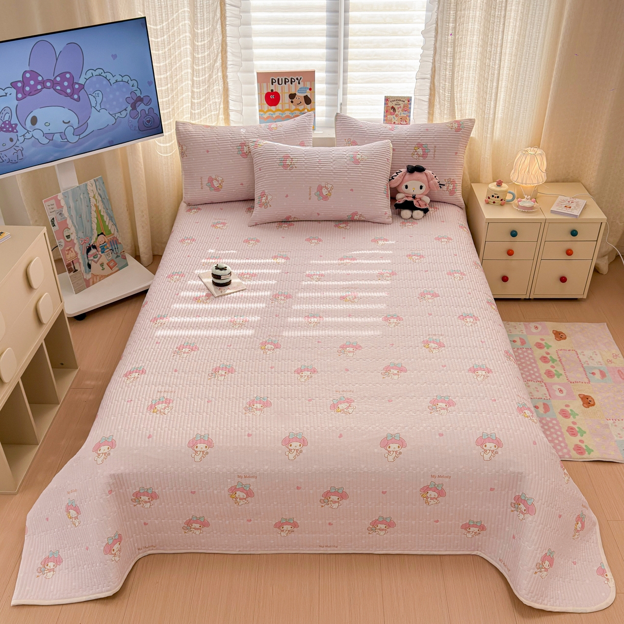 91家纺网 家纺一手货源 找家纺 妮可 2026新款Sanrio三丽鸥正版授权A类全棉夹棉多功能床垫-床盖 甜甜美乐蒂