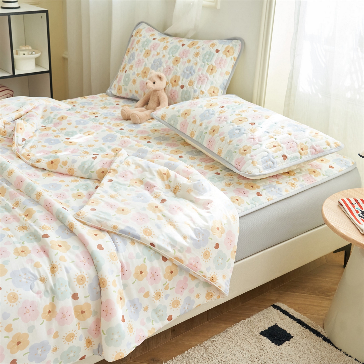 91家纺网 家纺一手货源 找家纺 恒爱家纺 2026新款A类凉感丝夏被床笠系列三件套四件套 花之语