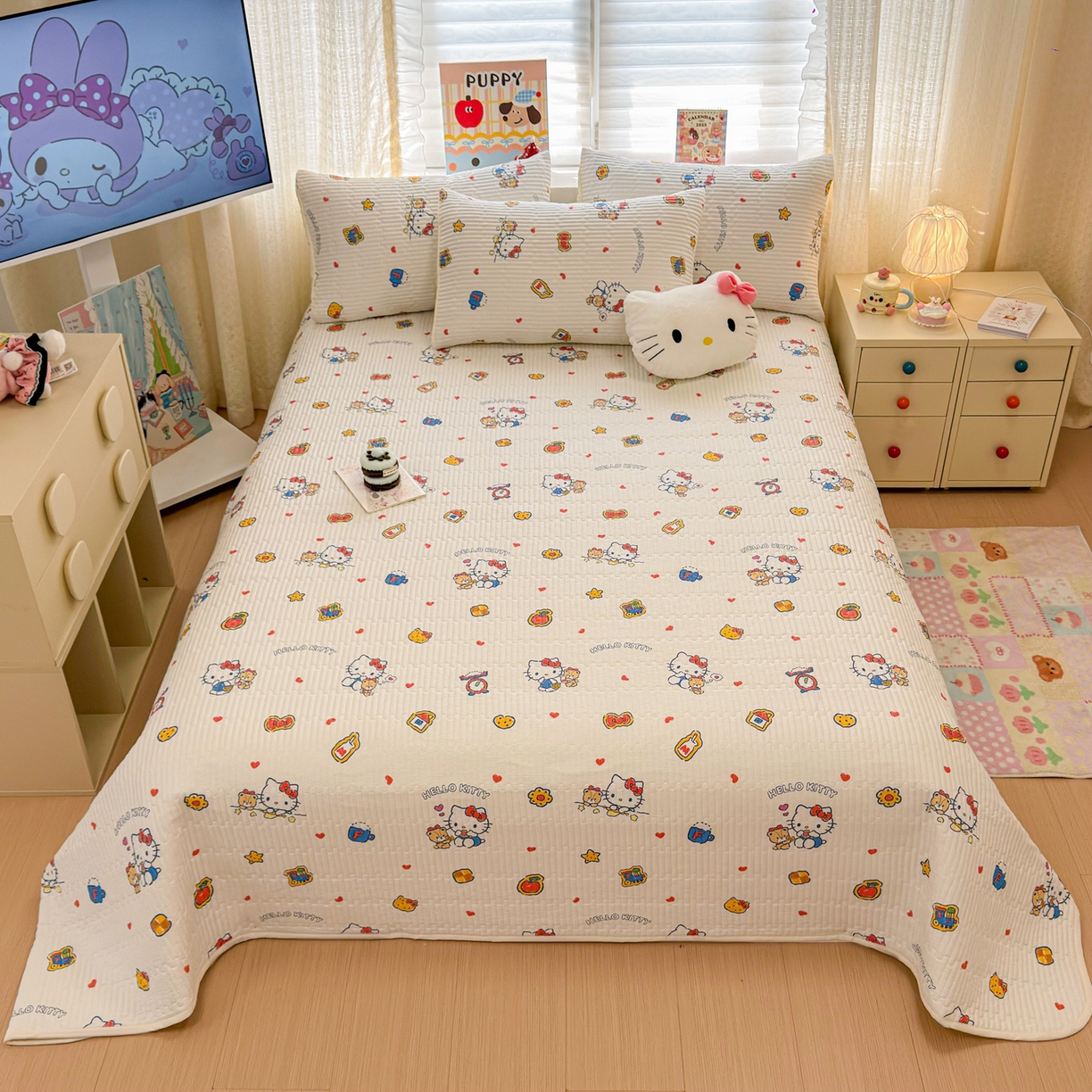91家纺网 家纺一手货源 找家纺 妮可 2026新款Sanrio三丽鸥正版授权A类全棉夹棉多功能床垫-床盖 苹果KT