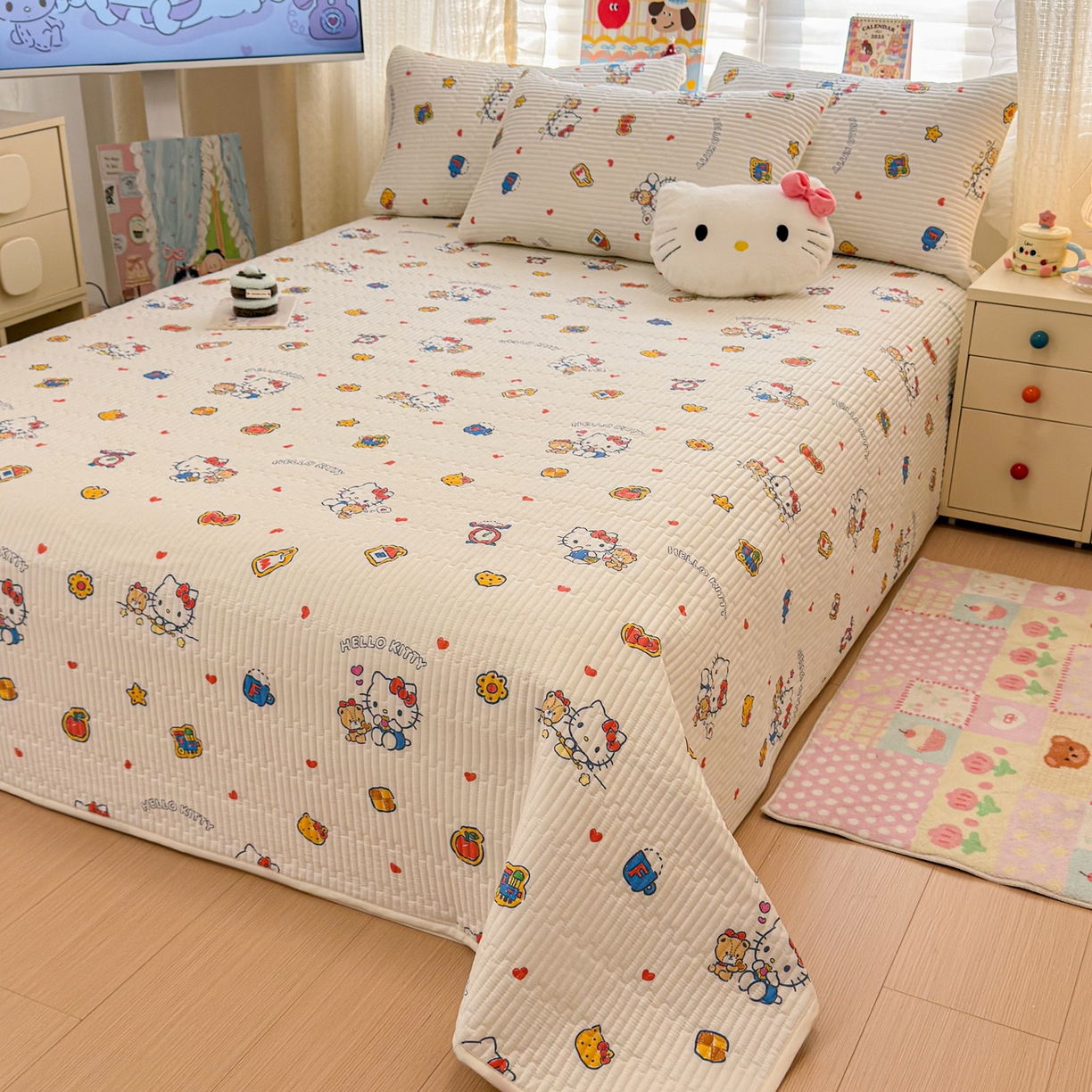 91家纺网 家纺一手货源 找家纺 妮可 2026新款Sanrio三丽鸥正版授权A类全棉夹棉多功能床垫-床盖 苹果KT