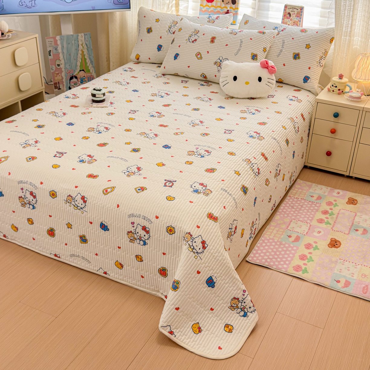 91家纺网 家纺一手货源 找家纺 妮可 2026新款Sanrio三丽鸥正版授权A类全棉夹棉多功能床垫-床盖 苹果KT