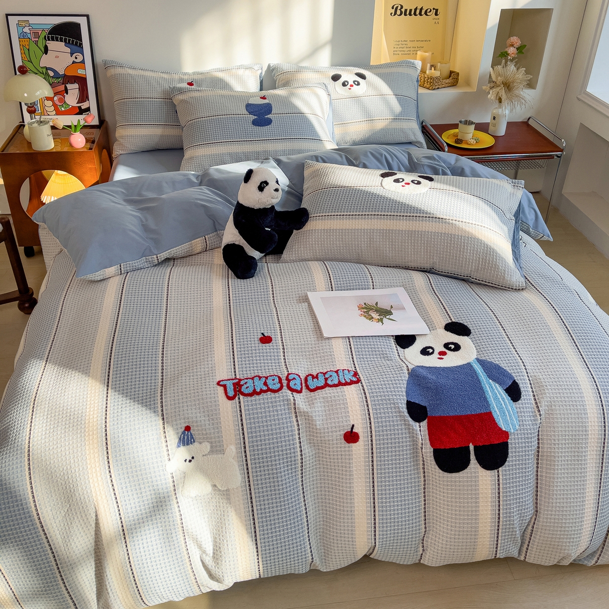 91家纺网 家纺一手货源 找家纺 （总）炫拼家纺 2026新款A类全棉色织华夫格卡通毛巾绣B版40支纯棉水洗棉四件套-乐邦系列