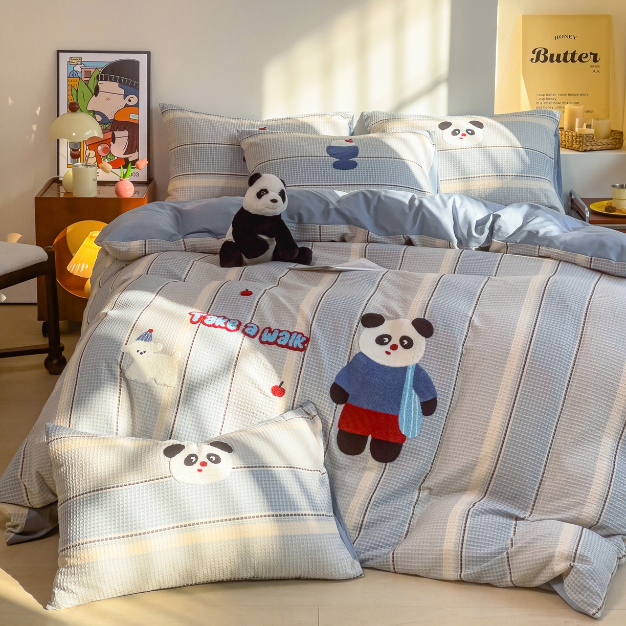 91家纺网 家纺一手货源 找家纺 （总）炫拼家纺 2026新款A类全棉色织华夫格卡通毛巾绣B版40支纯棉水洗棉四件套-乐邦系列